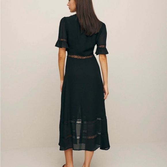 Reformation Woodson Dress Black Sz 0 Lace Insets Semi-Sheer Puff Sleeves Ruffle - Picture 5 of 13